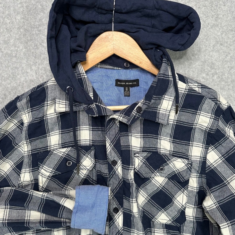 Silver Jeans Co Mens Plaid Button Up Shirt Detachable Hoodie Navy White Size M